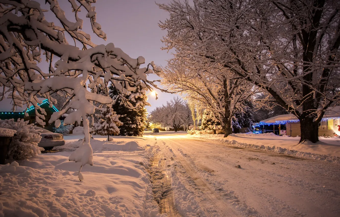 Фото обои зима, машина, снег, деревья, природа, фон, новый год, вечер
