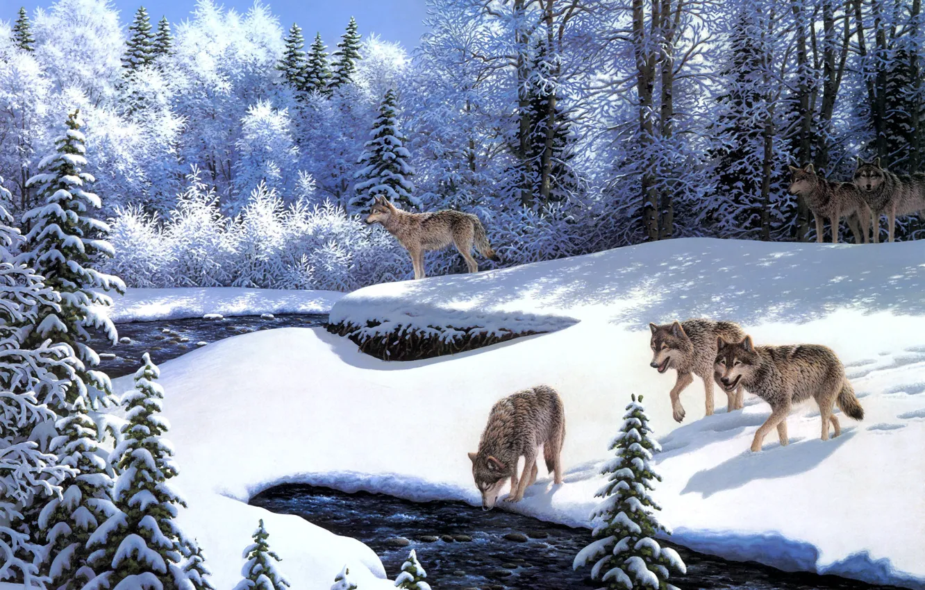 Фото обои зима, иней, животные, снег, река, волки, живопись, ёлки
