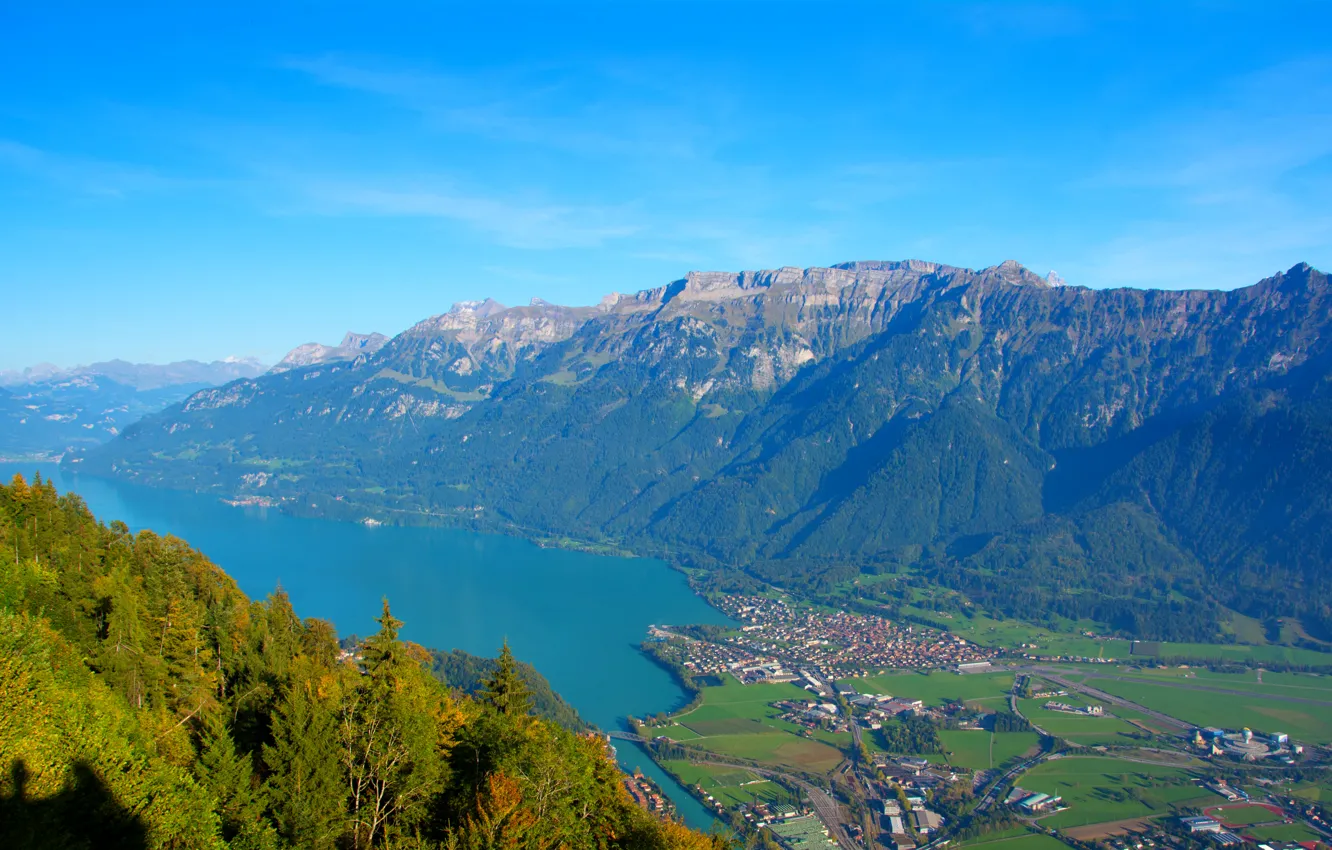 Фото обои горы, озеро, Швейцария, панорама, городок, вид сверху, Unterseen