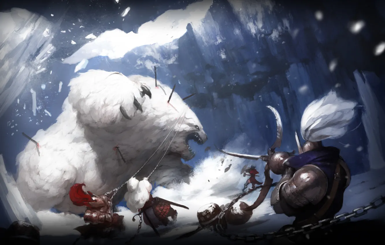 Фото обои снег, монстр, войны, медведь, ярость, цепь, битва, vindictus