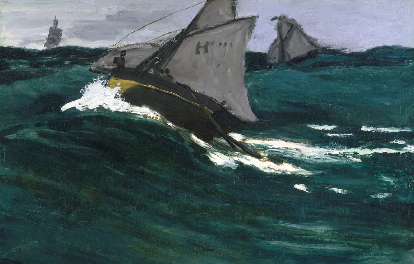 Фото обои море, лодка, картина, парус, морской пейзаж, Клод Моне, Зелёная Волна