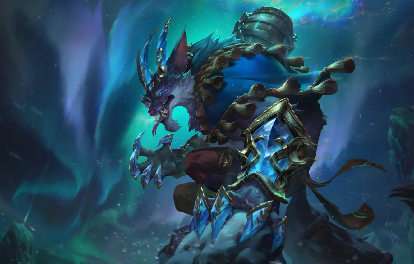 Фото обои игра, персонаж, League of Legends, полярное сияние, Лига Легенд, Riot Games, наручни, GZG