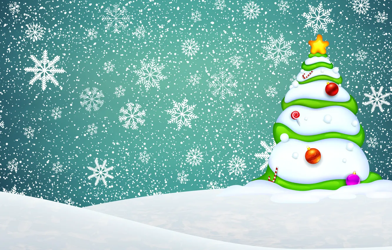 Фото обои Минимализм, Снег, Рождество, Снежинки, Фон, Новый год, Елка, Праздник