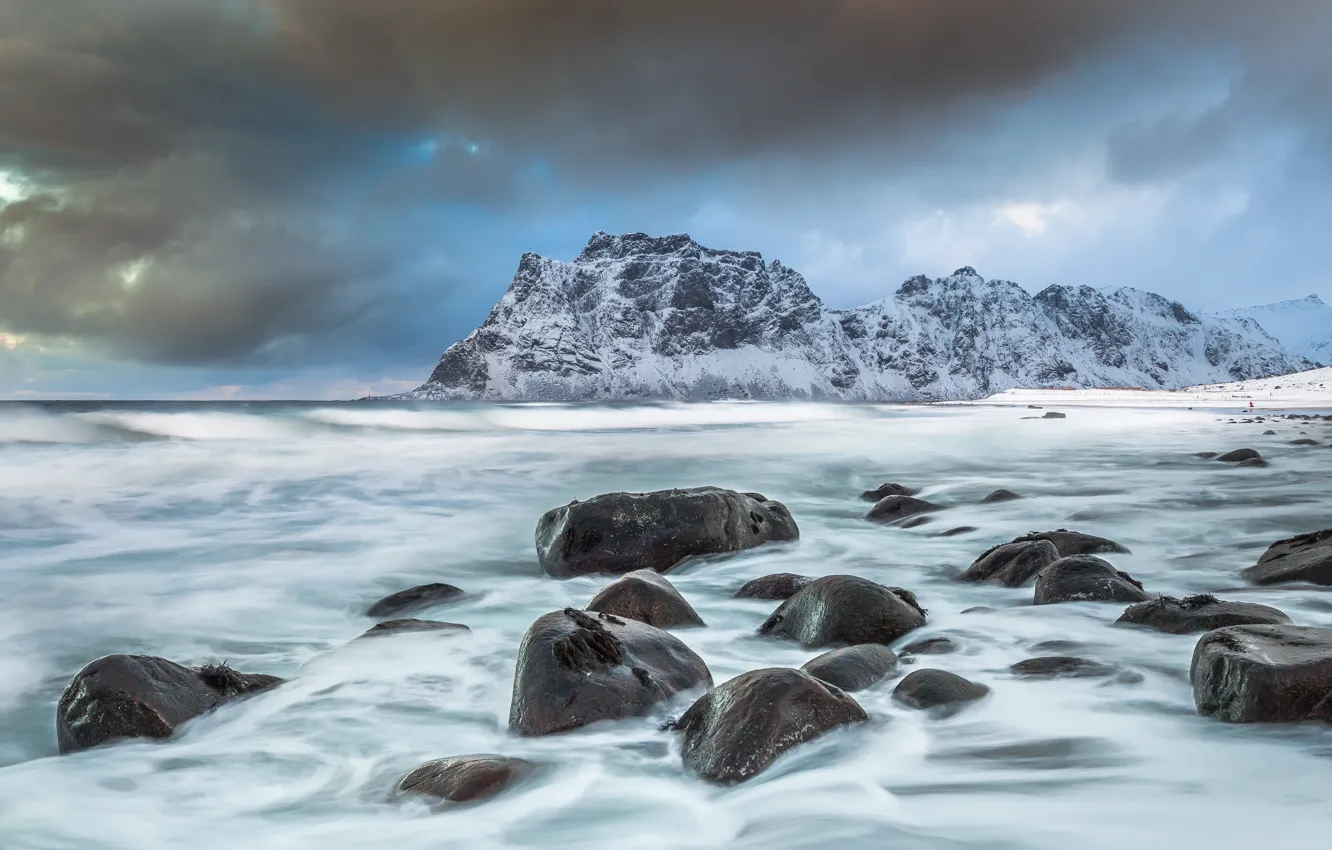 Фото обои море, горы, камни, побережье, Норвегия, Norway, Лофотен, Норвежское море