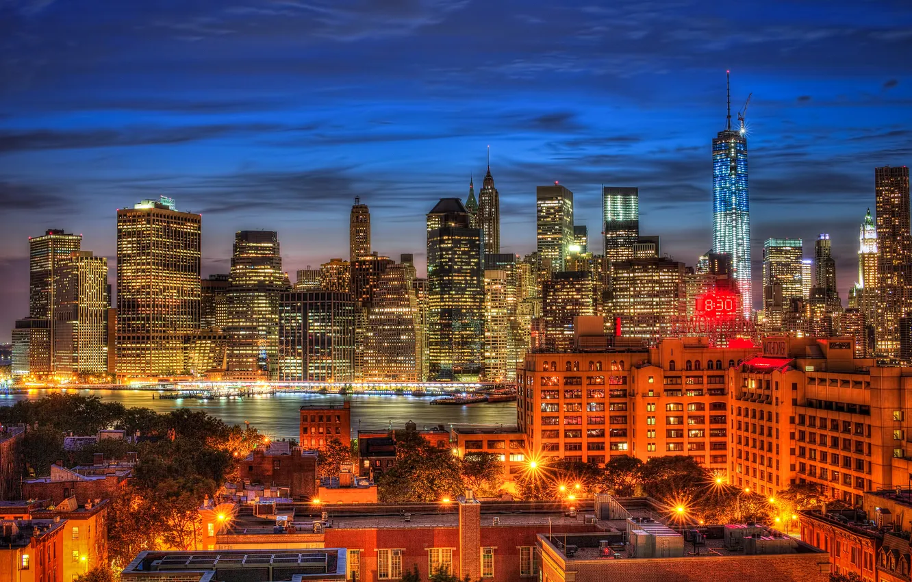 Фото обои ночь, огни, Нью-Йорк, Манхеттен, панорама, сумерки, Эмпайр-стейт-билдинг, One World Trade Center