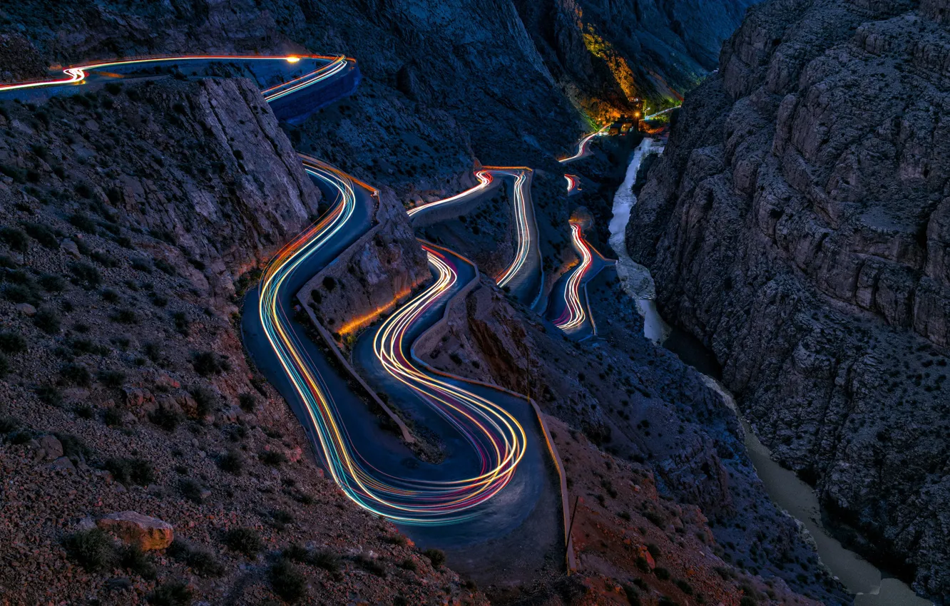 Фото обои дорога, свет, горы, скалы, выдержка, каньон
