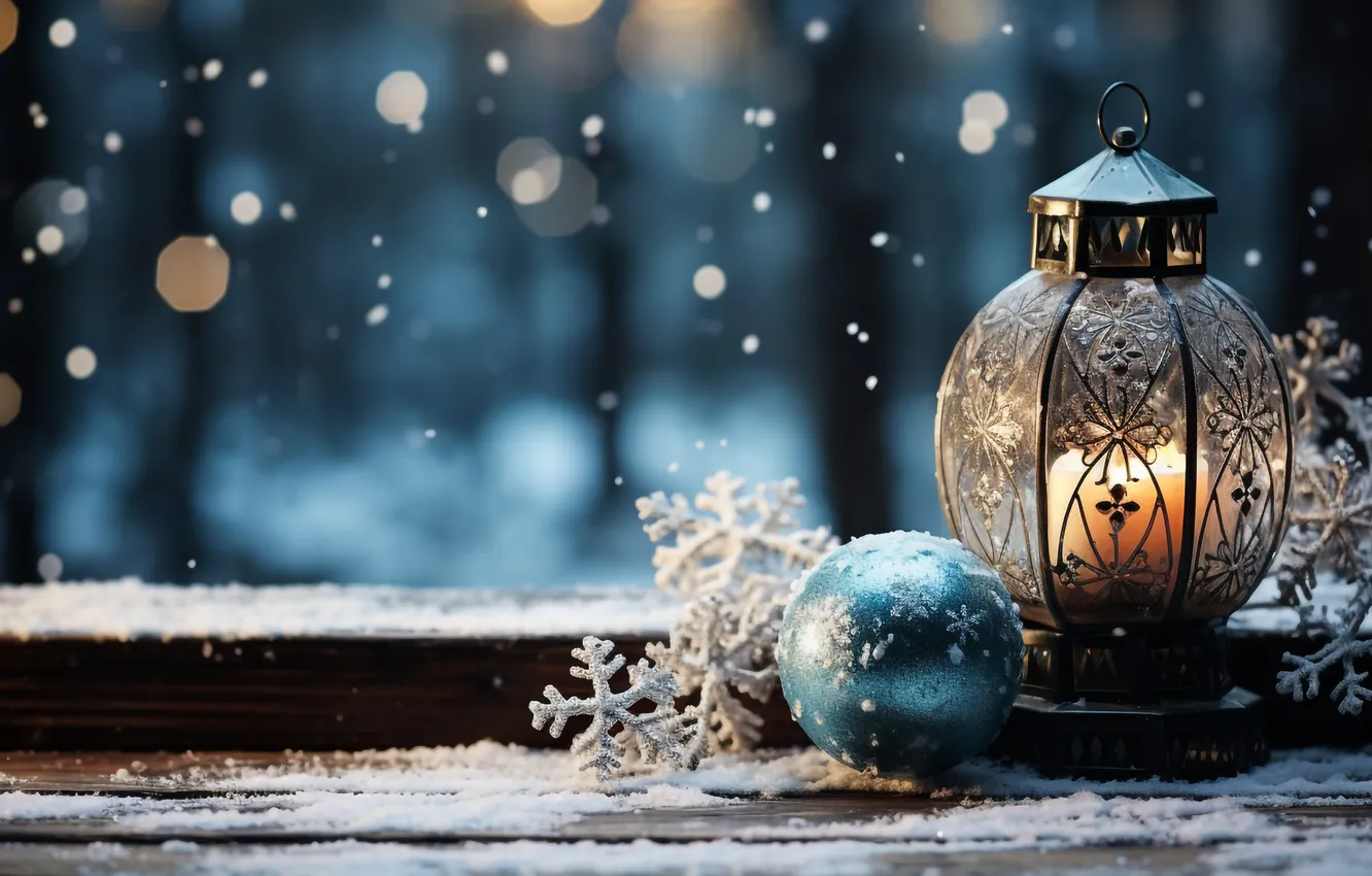 Фото обои снег, украшения, ночь, шары, Рождество, Новый год, Christmas, balls