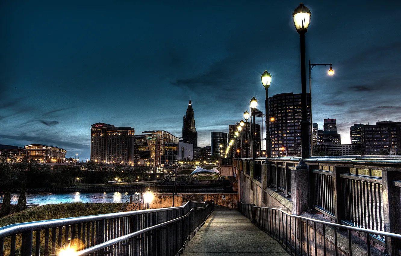 Фото обои ночь, мост, HDR, фонари, USA, Америка, Hartford
