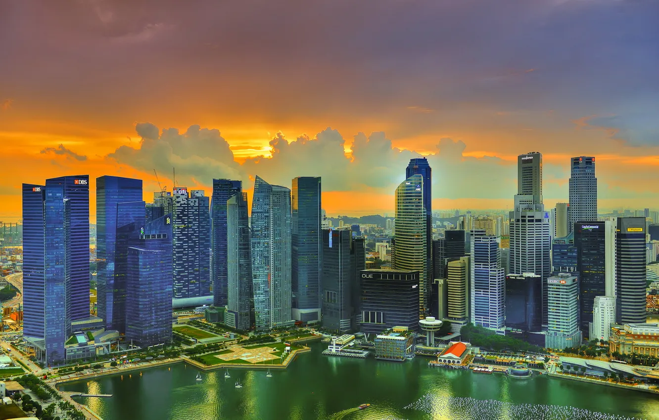 Фото обои солнце, облака, закат, небоскребы, Сингапур