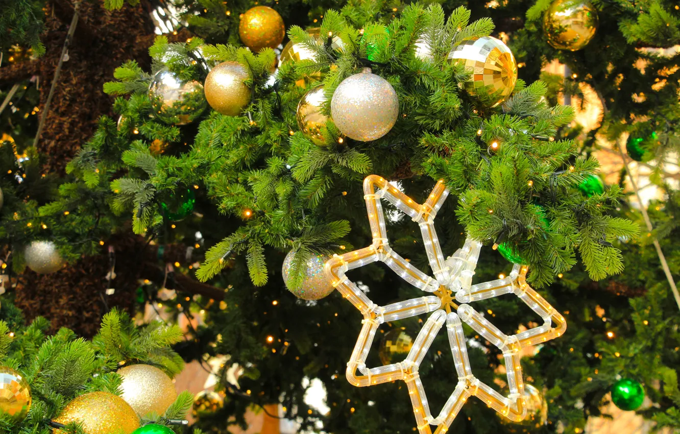 Фото обои Christmas, Christmas tree, decorations, baubles