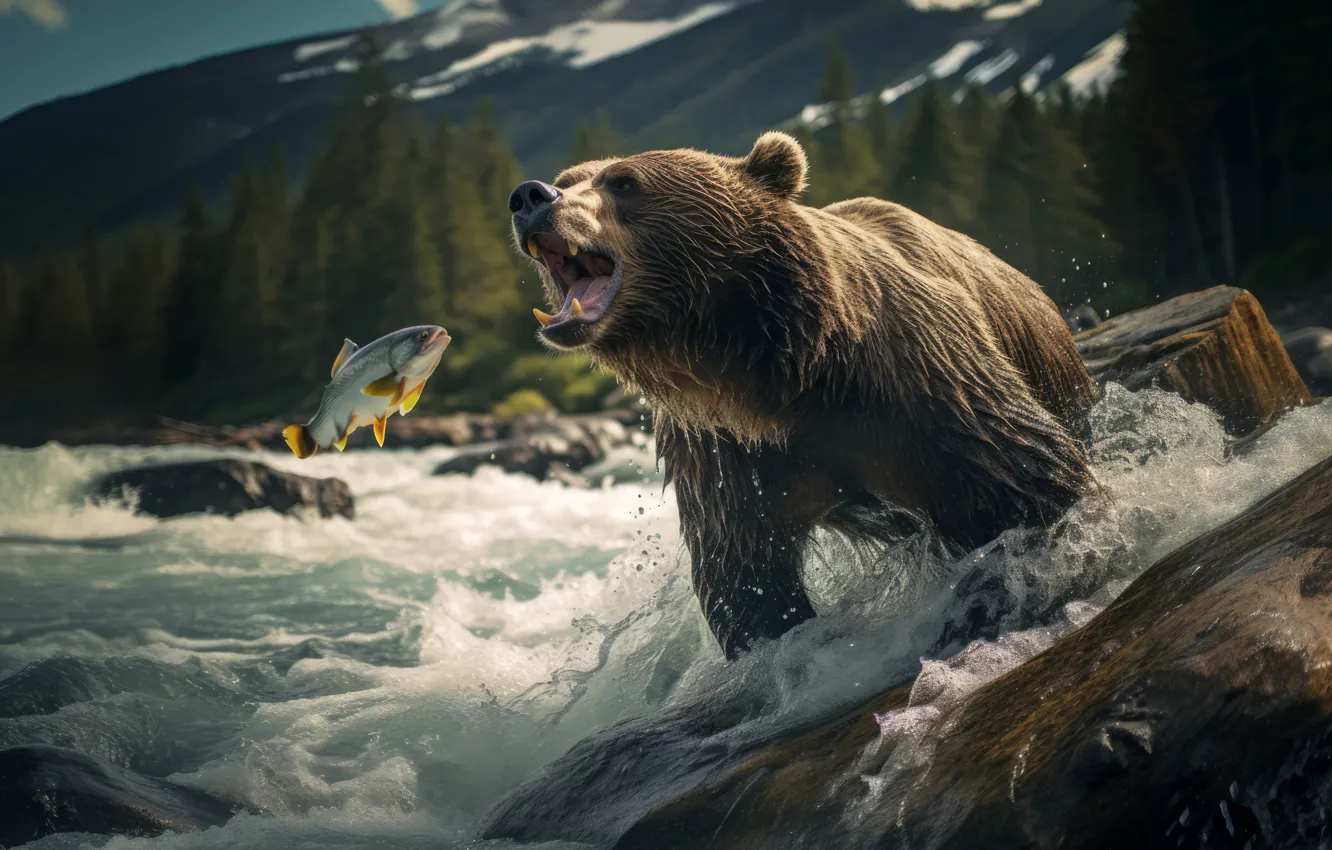 Фото обои медведь, рыба, рыбалка, река, нейросеть, гризли