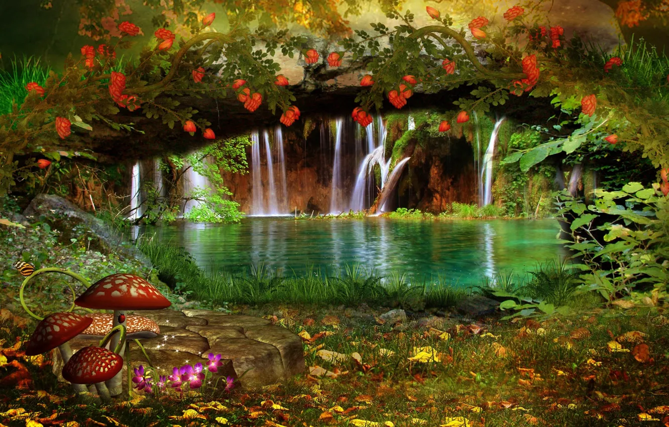 Фото обои листья, деревья, пейзаж, цветы, природа, бабочка, грибы, водопад