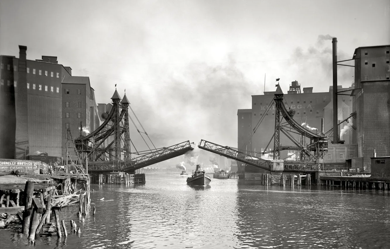 Фото обои ретро, корабль, дома, канал, США, разводной мост