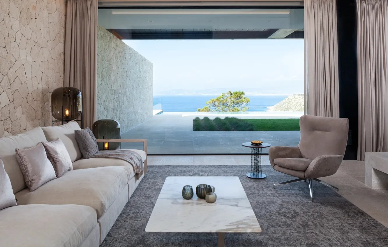 Фото обои вилла, интерьер, бассейн, терраса, гостиная, villa, Майорка, Mallorca