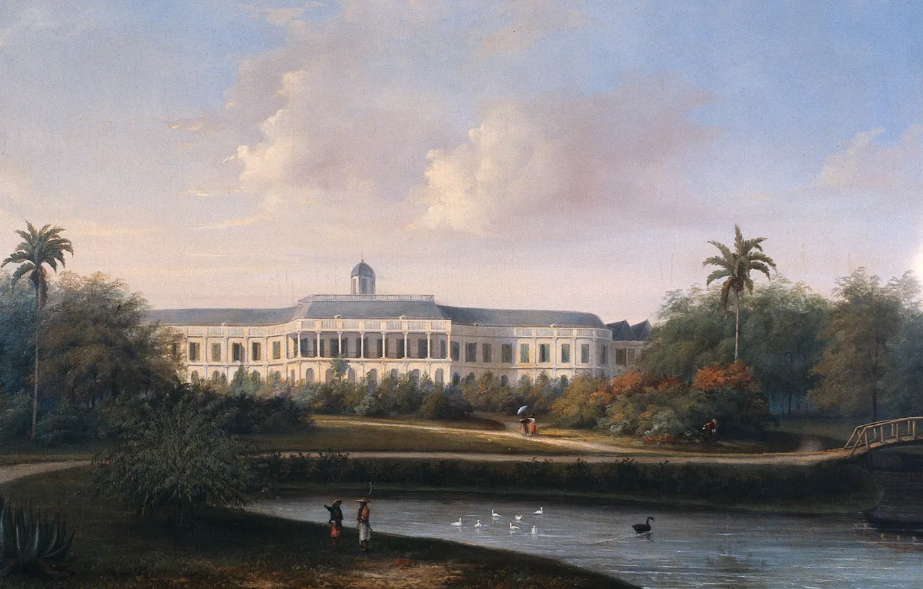 Фото обои масло, картина, холст, 1836, Виллем Трост, Willem Troost, Обратная Сторона Дворца Бейтензорг в Батавии...