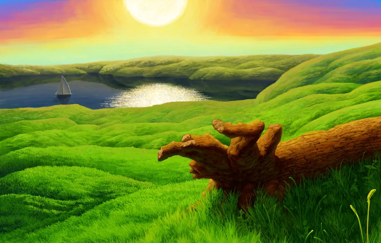 Фото обои трава, солнце, озеро, корабль, парусник, арт, бревно