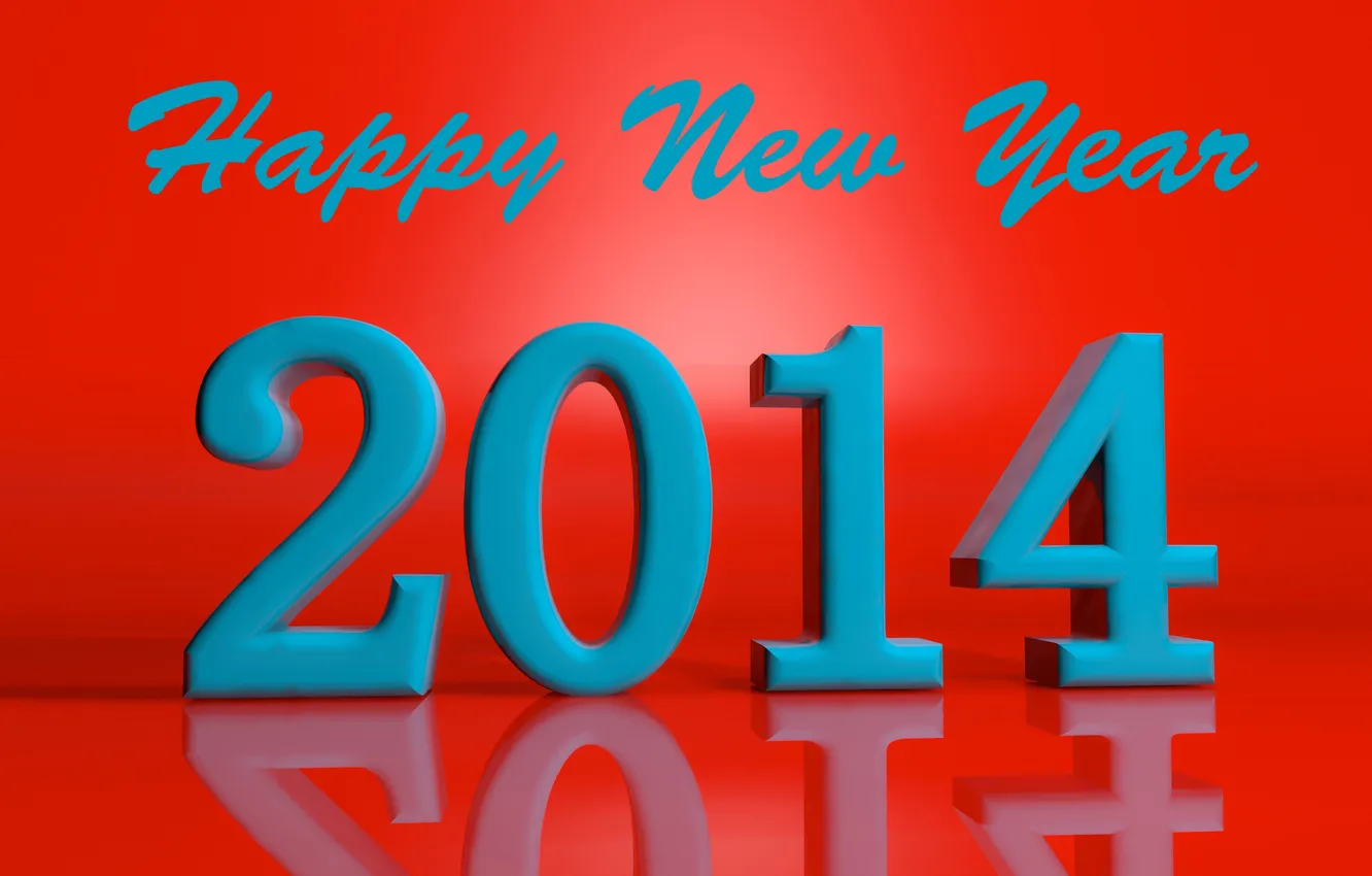 Фото обои отражение, праздник, надпись, цифры, новый год, 2014, счастливого нового года, красный фон