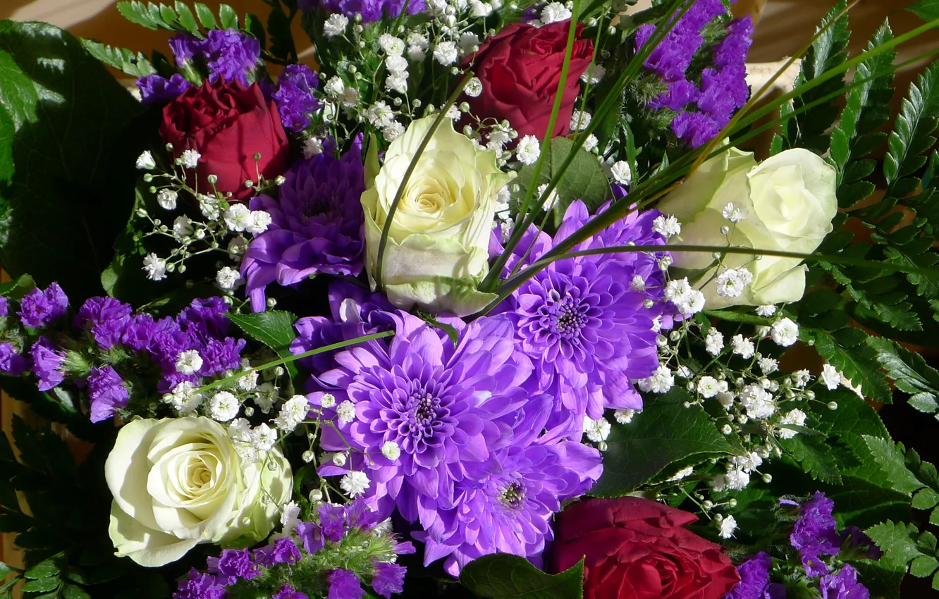 Фото обои цветы, фото, розы, букет, хризантемы