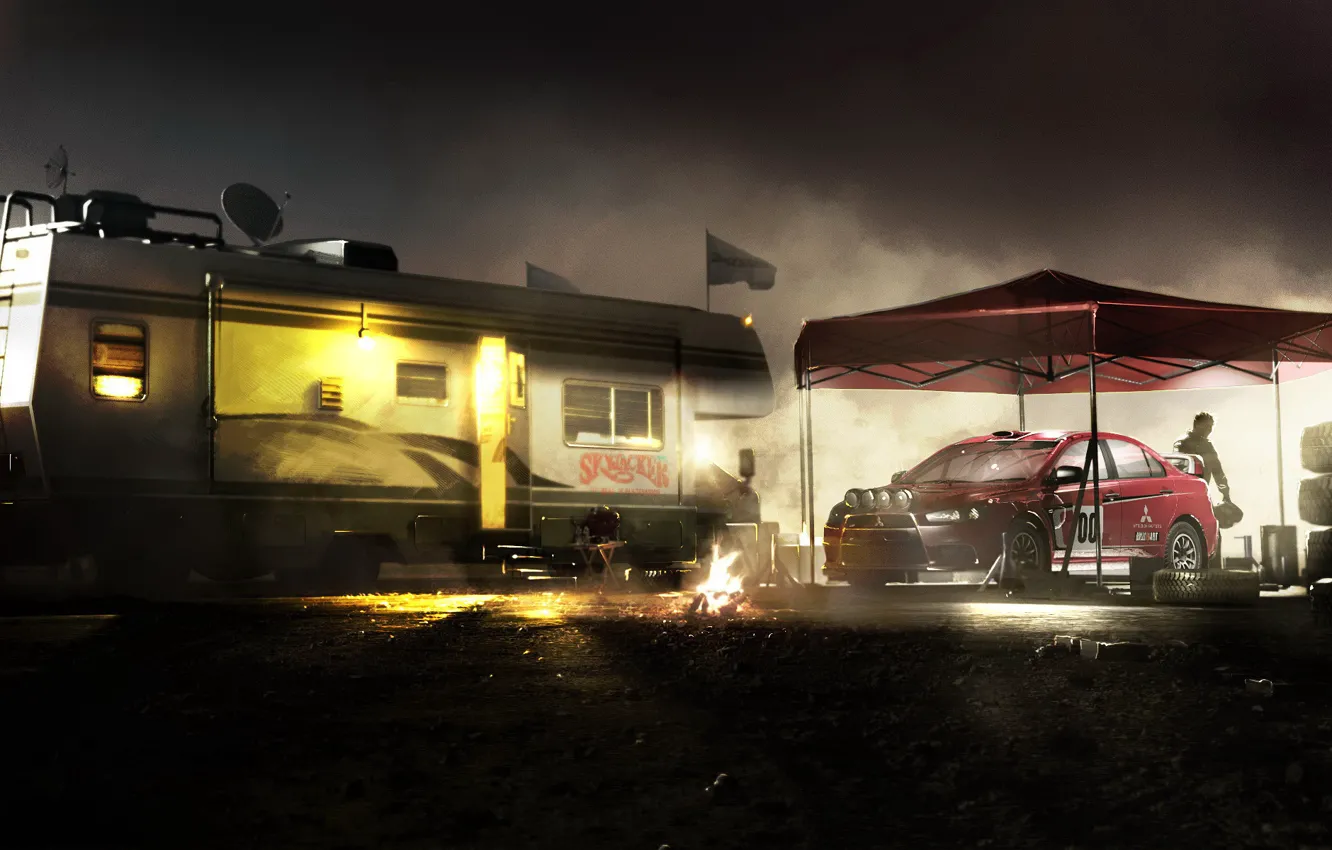 Фото обои машина, ночь, огни, человек, покрышки, навес, трейлер, Colin McRae: Dirt 2
