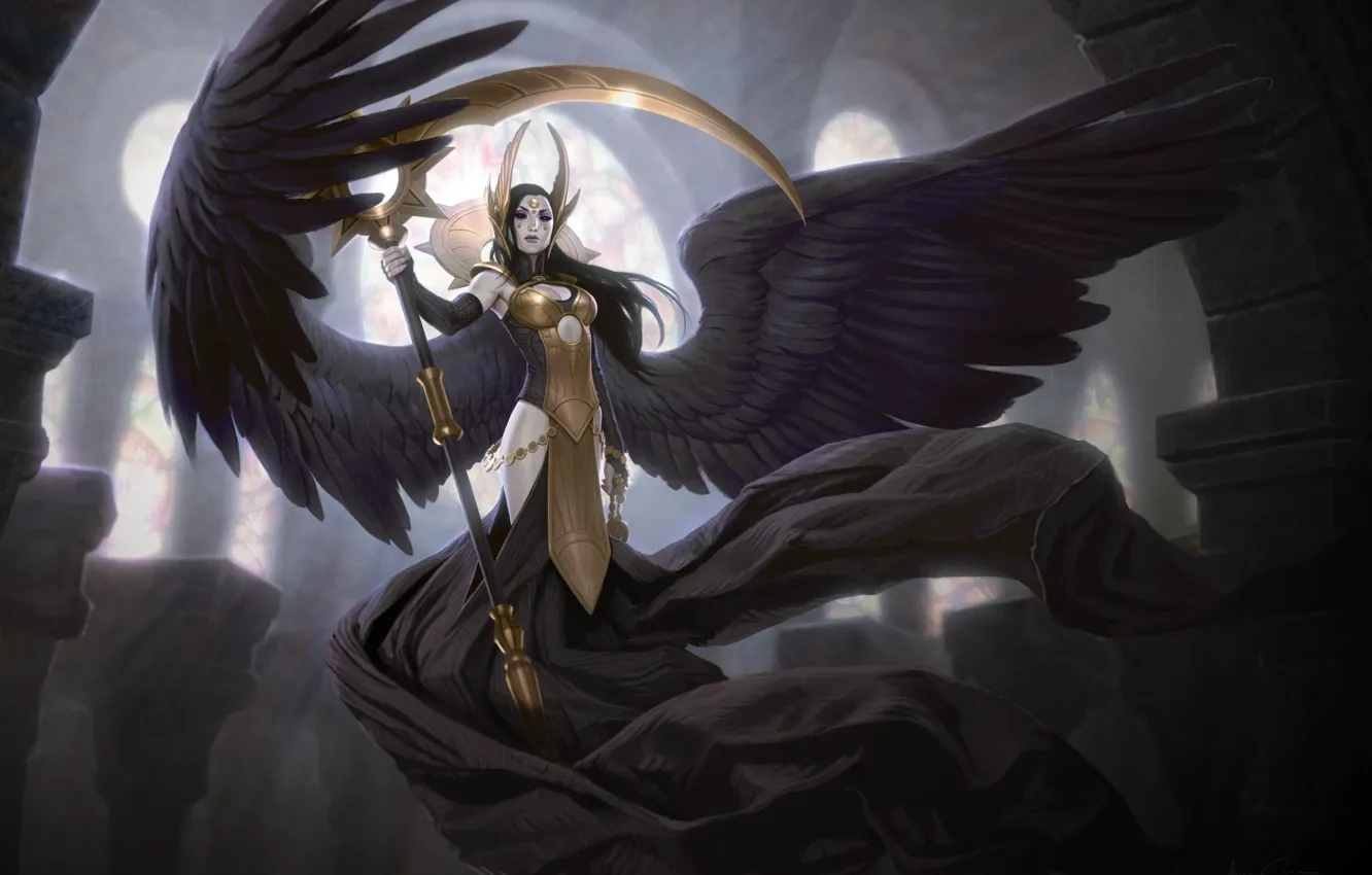 Фото обои девушка, крылья, ангел, доспехи, витраж, коса