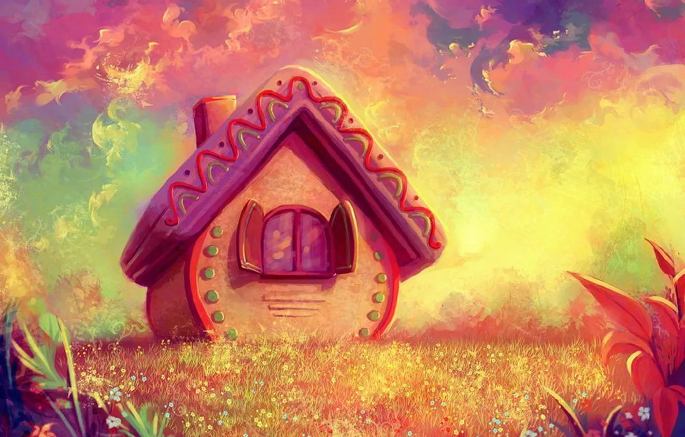 Фото обои графика, сказочный лес, сказочный домик, жёлто-розовый фон, фэнтези миры