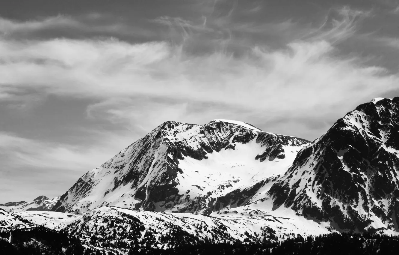 Фото обои снег, горы, черно-белое