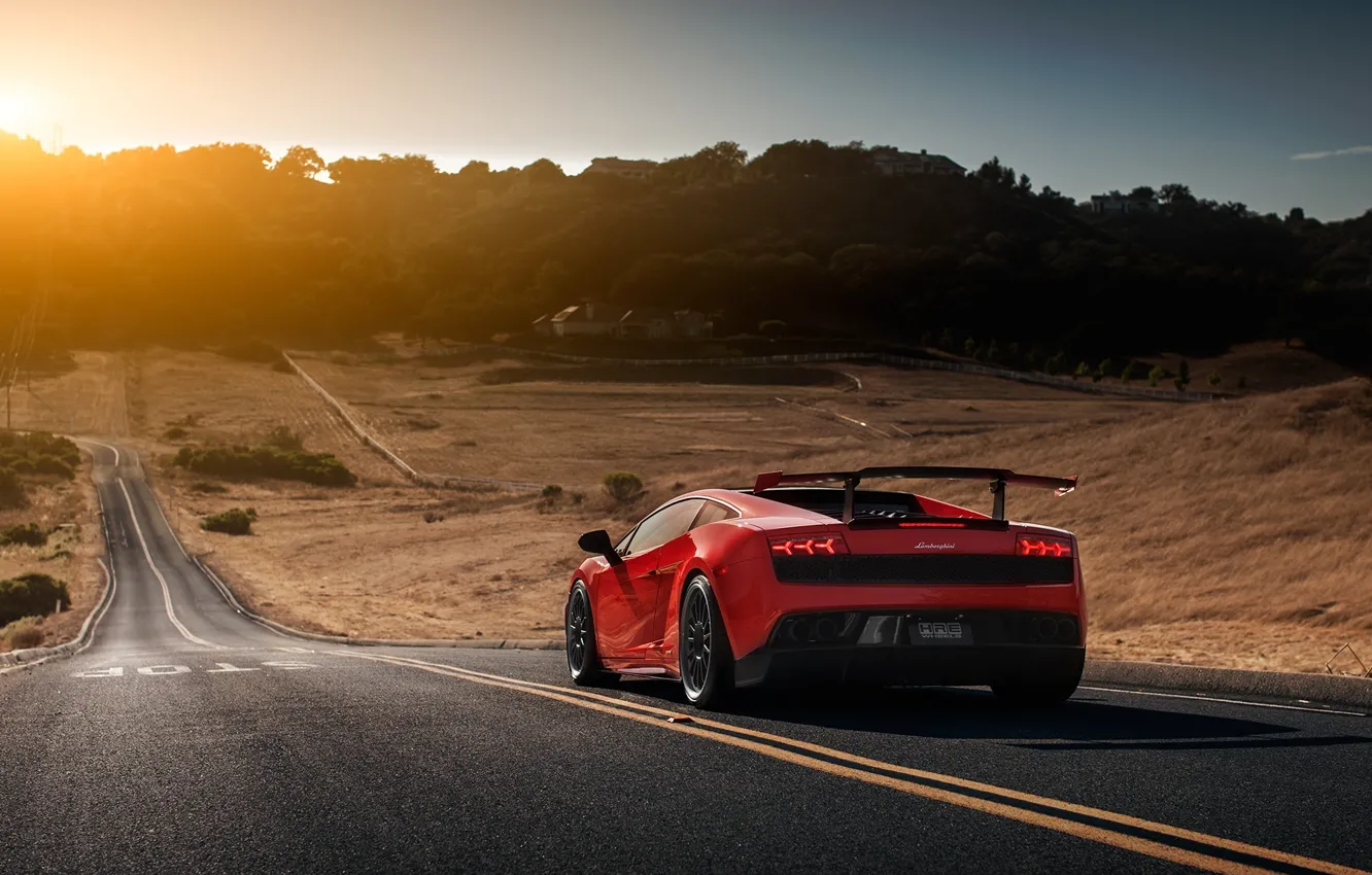 Фото обои Lamborghini, Red, Gallardo, Sun, Road, LP570-4, Supercar, Spoiler