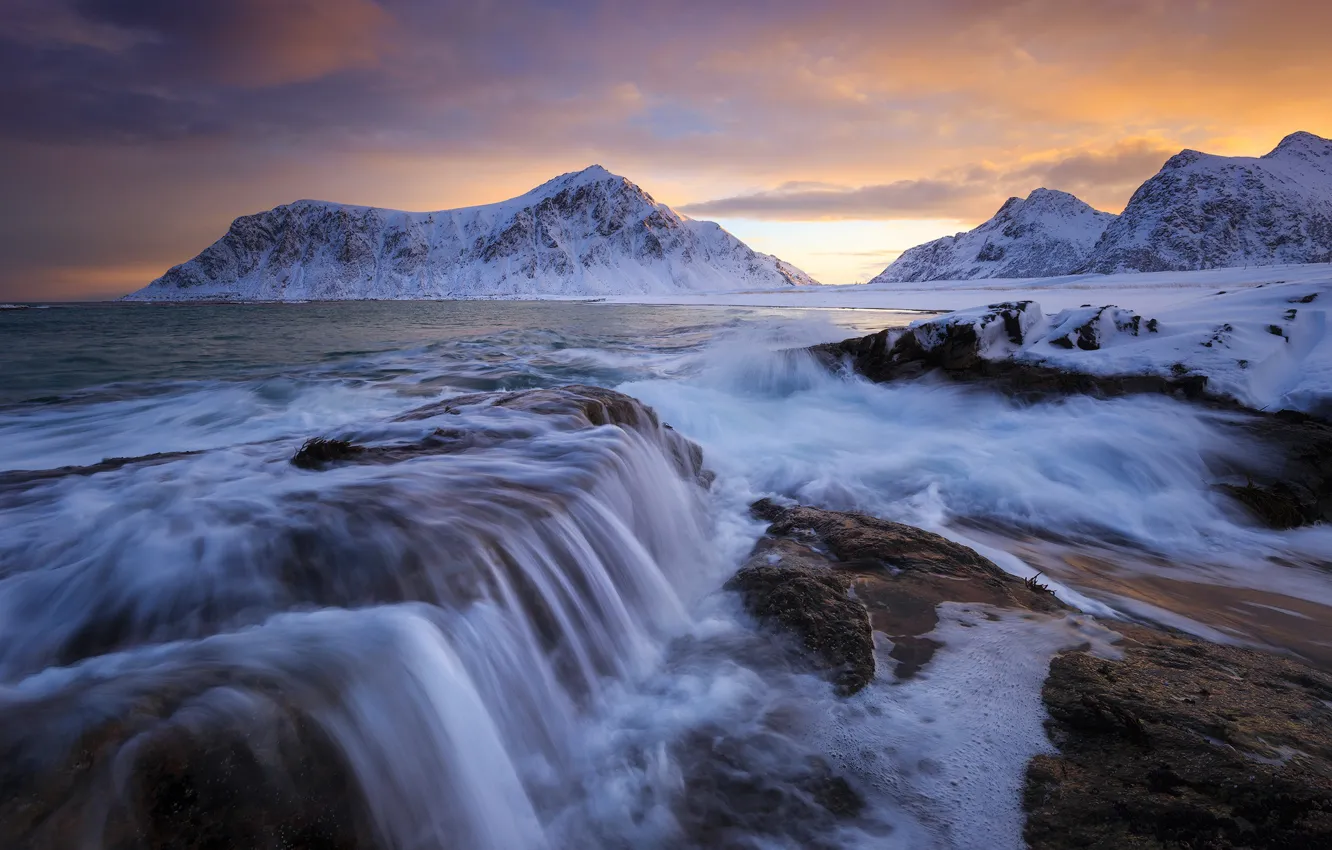 Фото обои море, горы, рассвет, Норвегия, Norway, Лофотенские острова, Норвежское море, Lofoten