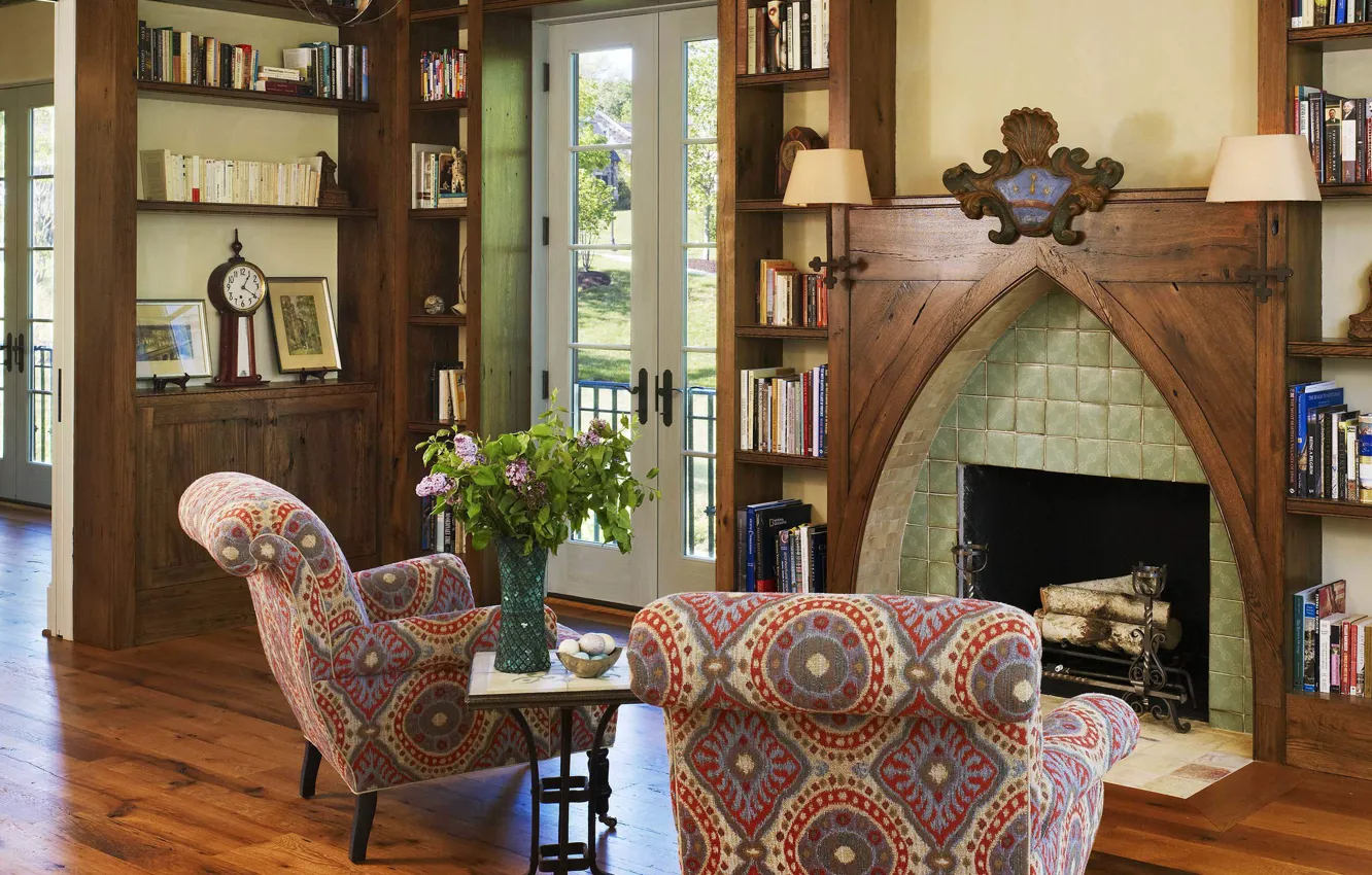 Фото обои дизайн, стиль, интерьер, кресла, камин, библиотека, by Barnes Vanze architects Inc, Французский загородный коттедж