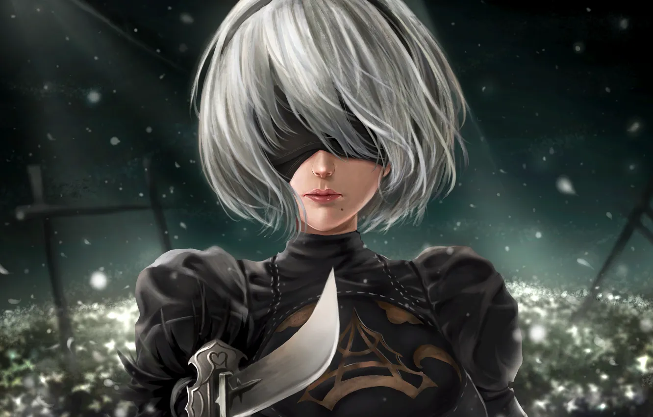 Фото обои девушка, цветы, кинжал, NieR: Automata, YoRHa No. 2 Type B, by Those Girls