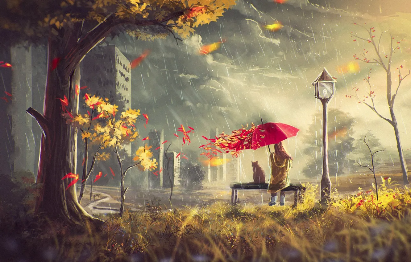 Фото обои осень, кот, листья, девушка, тучи, дом, дождь, дерево