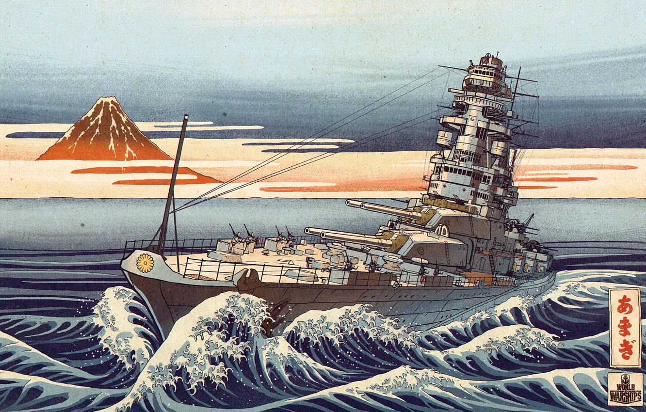 Фото обои море, волны, корабль, картина, Япония, Хокусай, worldofwarships