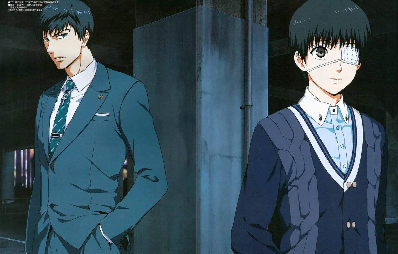 Фото обои костюм, галстук, повязка на глаз, два парня, белая рубашка, Tokyo Ghoul, Ken Kaneki, Токийский Монстр