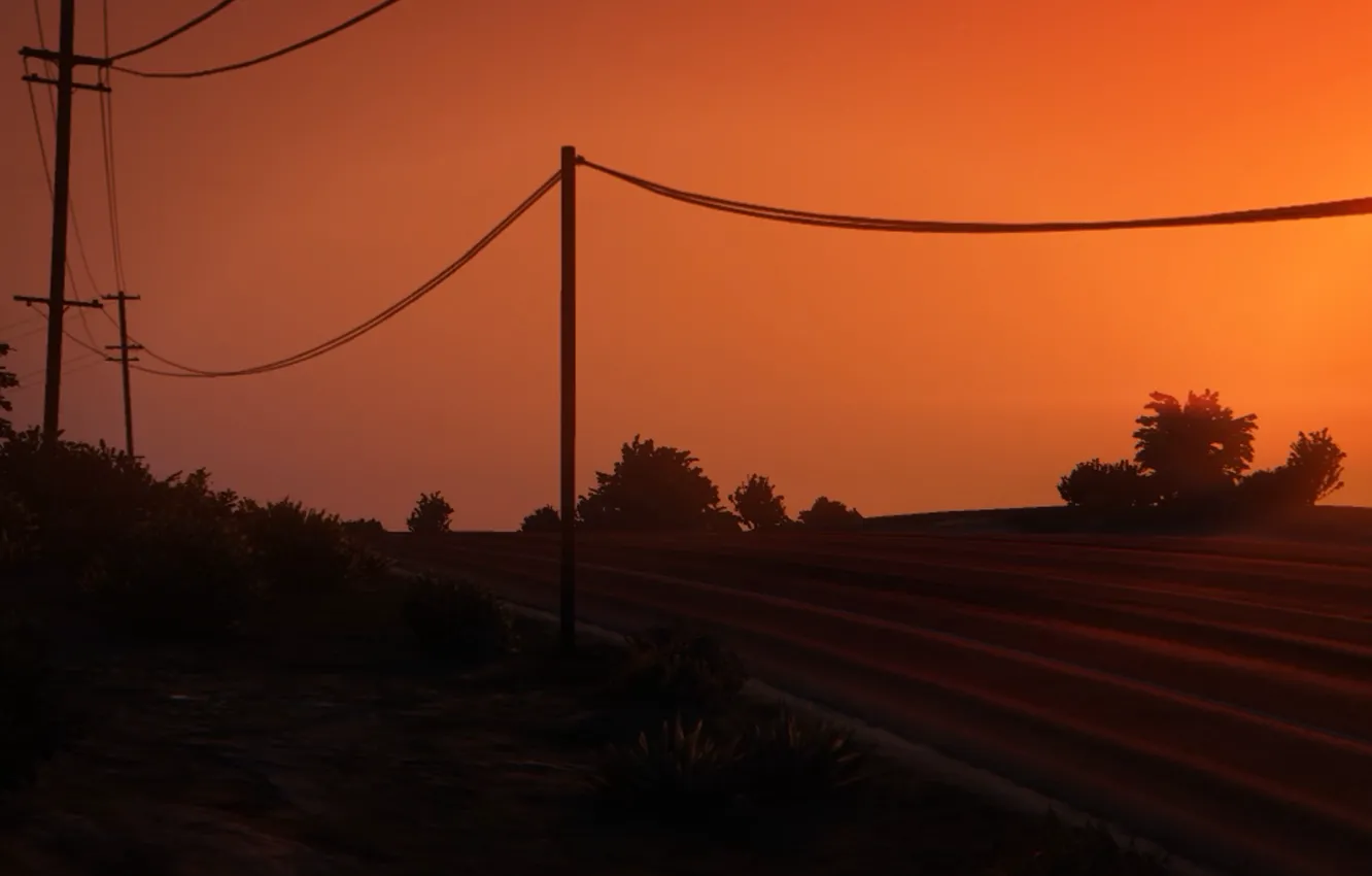 Фото обои Закат, Дорога, Провода, Столбы, gta 5, Гта 5