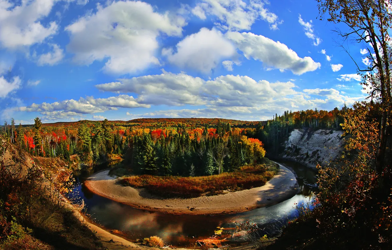 Фото обои осень, лес, горы, река