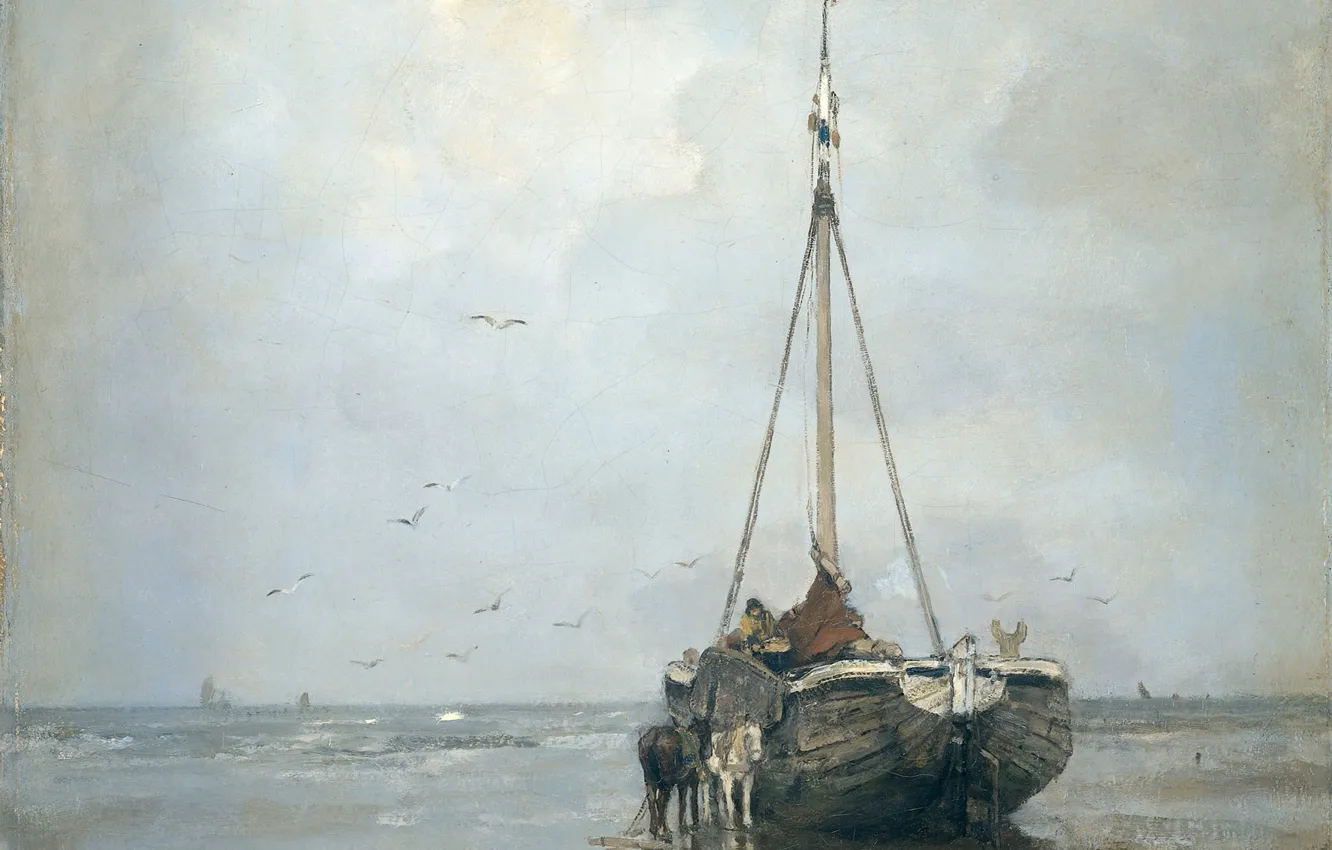 Фото обои море, масло, картина, холст, Якоб Хендрикус Марис, Корабль на Пляже Схевенинген