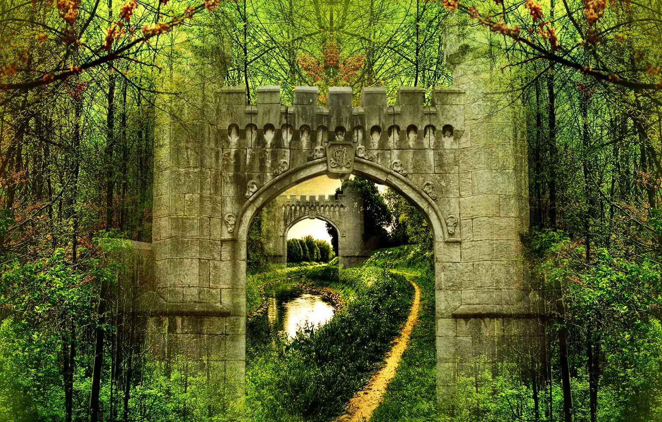Фото обои лес, деревья, парк, река, ручей, ворота, арка