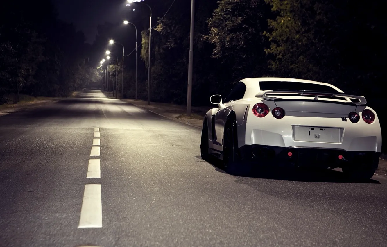 Фото обои car, ночь, фонари, Nissan, road, ниссан, night, gtr