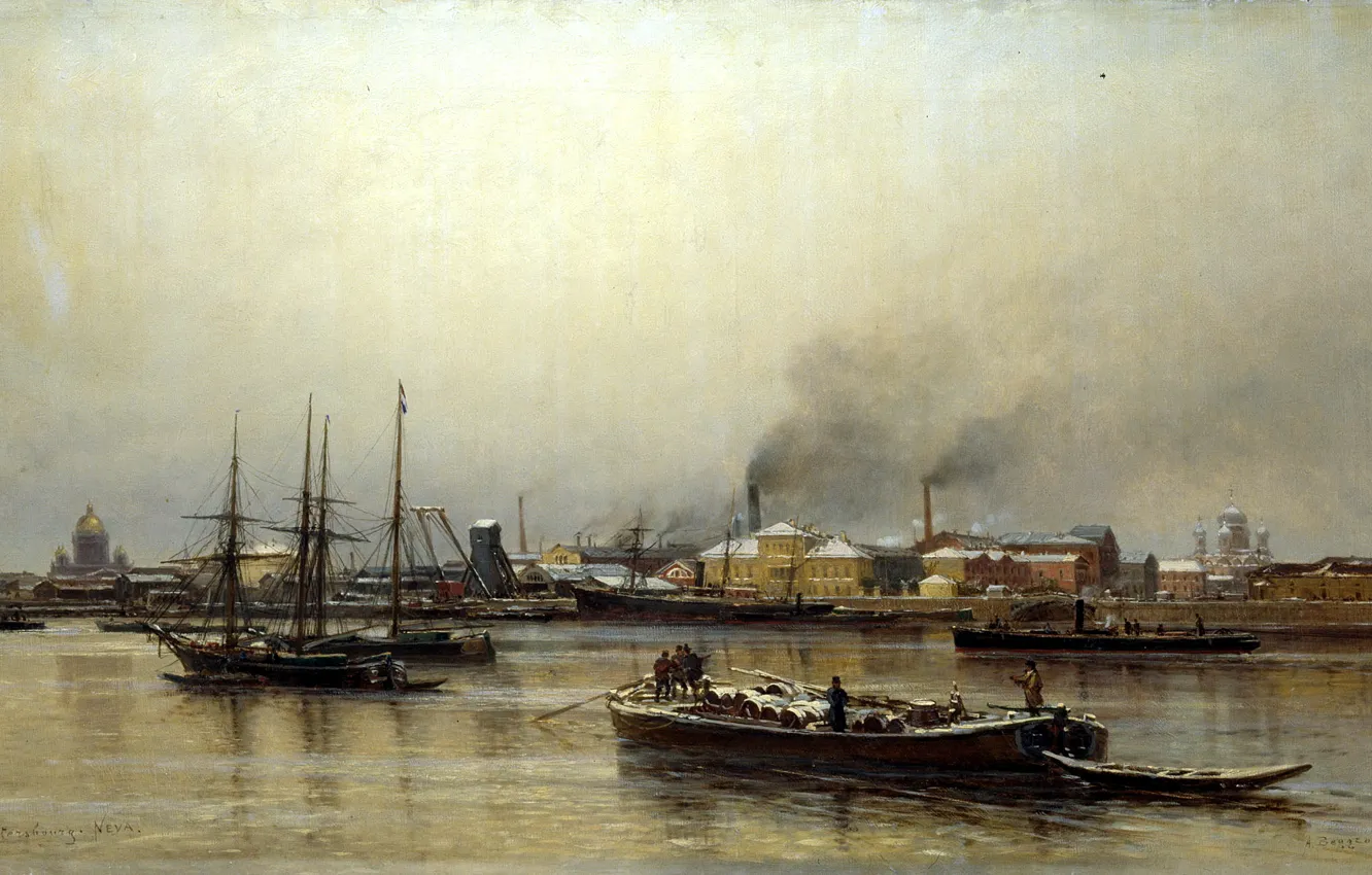 Фото обои небо, вода, трубы, река, дым, корабль, здания, картина