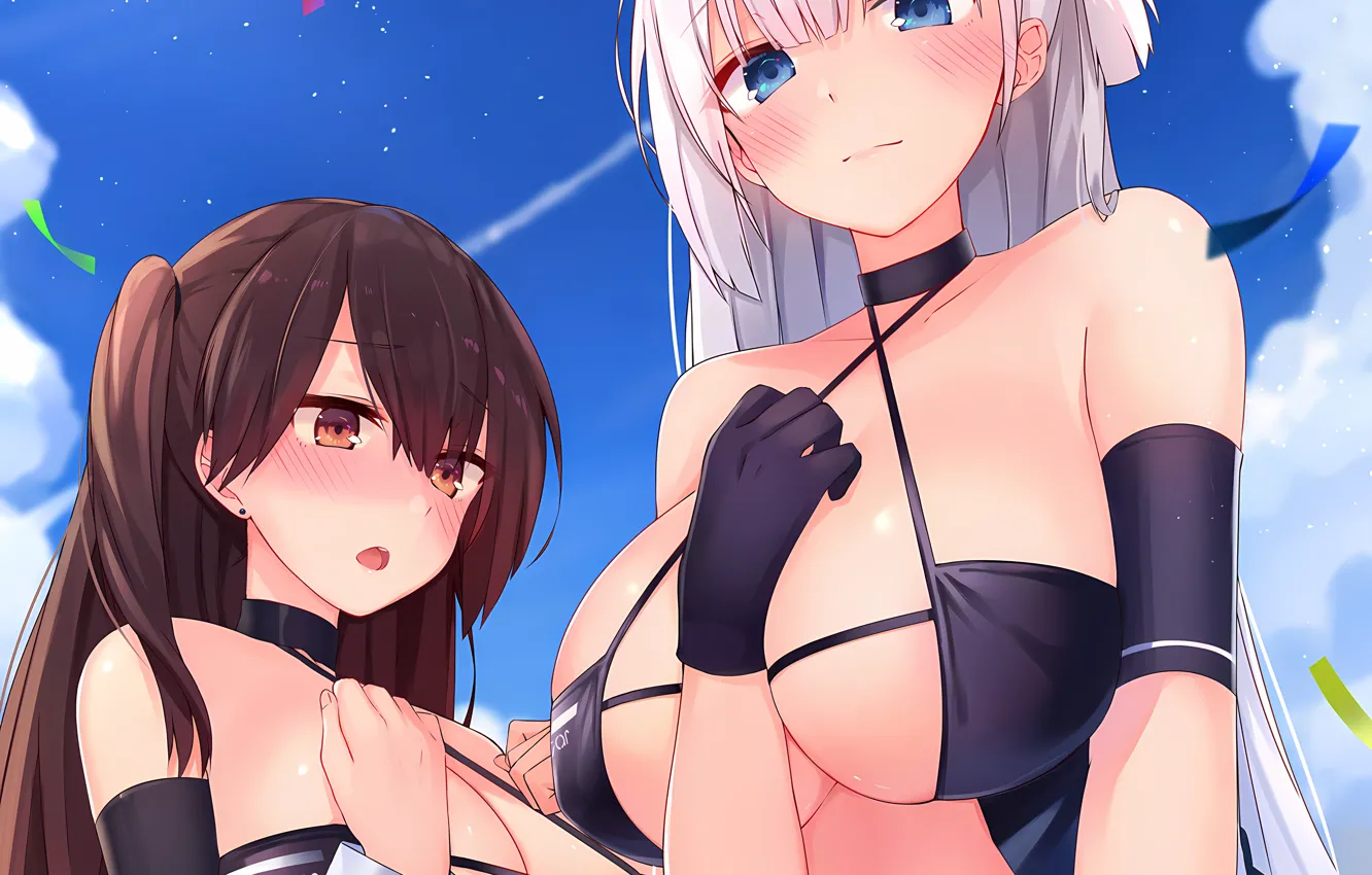 Фото обои sexy, cleavage, long hair, girls, brown hair, brown eyes, boobs, anime