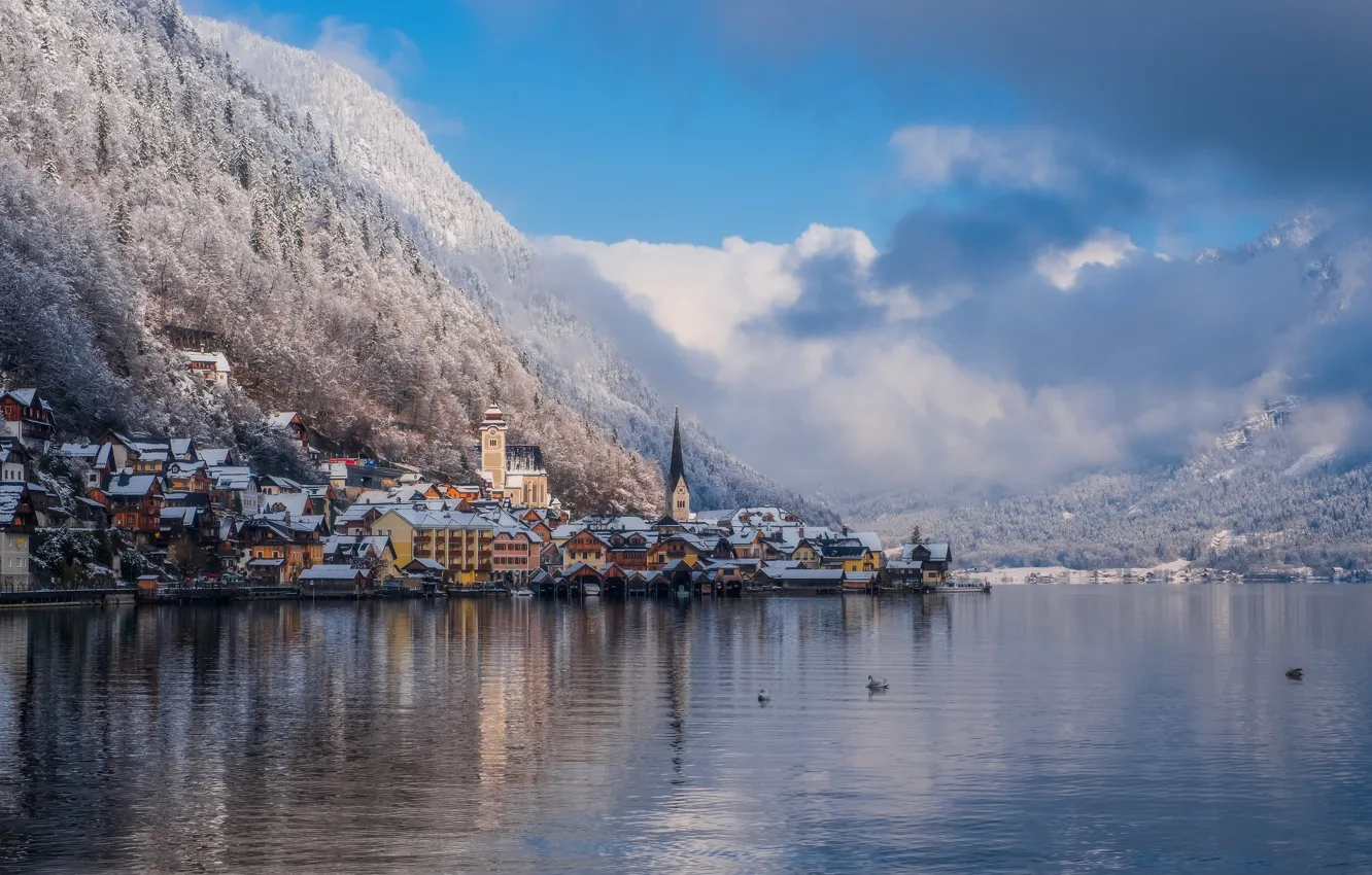 Фото обои зима, облака, снег, пейзаж, природа, озеро, Австрия, леса