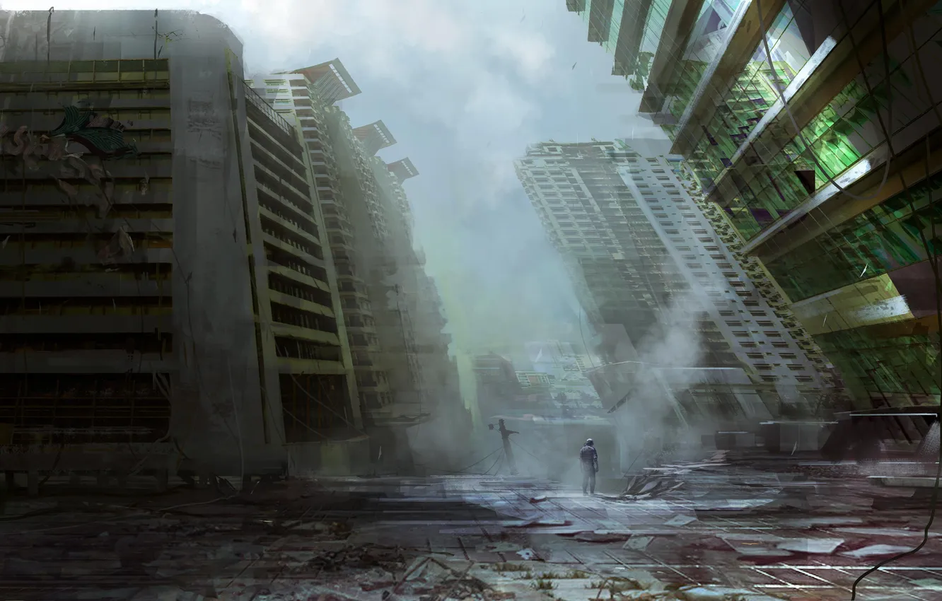 Фото обои город, апокалипсис, человек, дома, разрушение