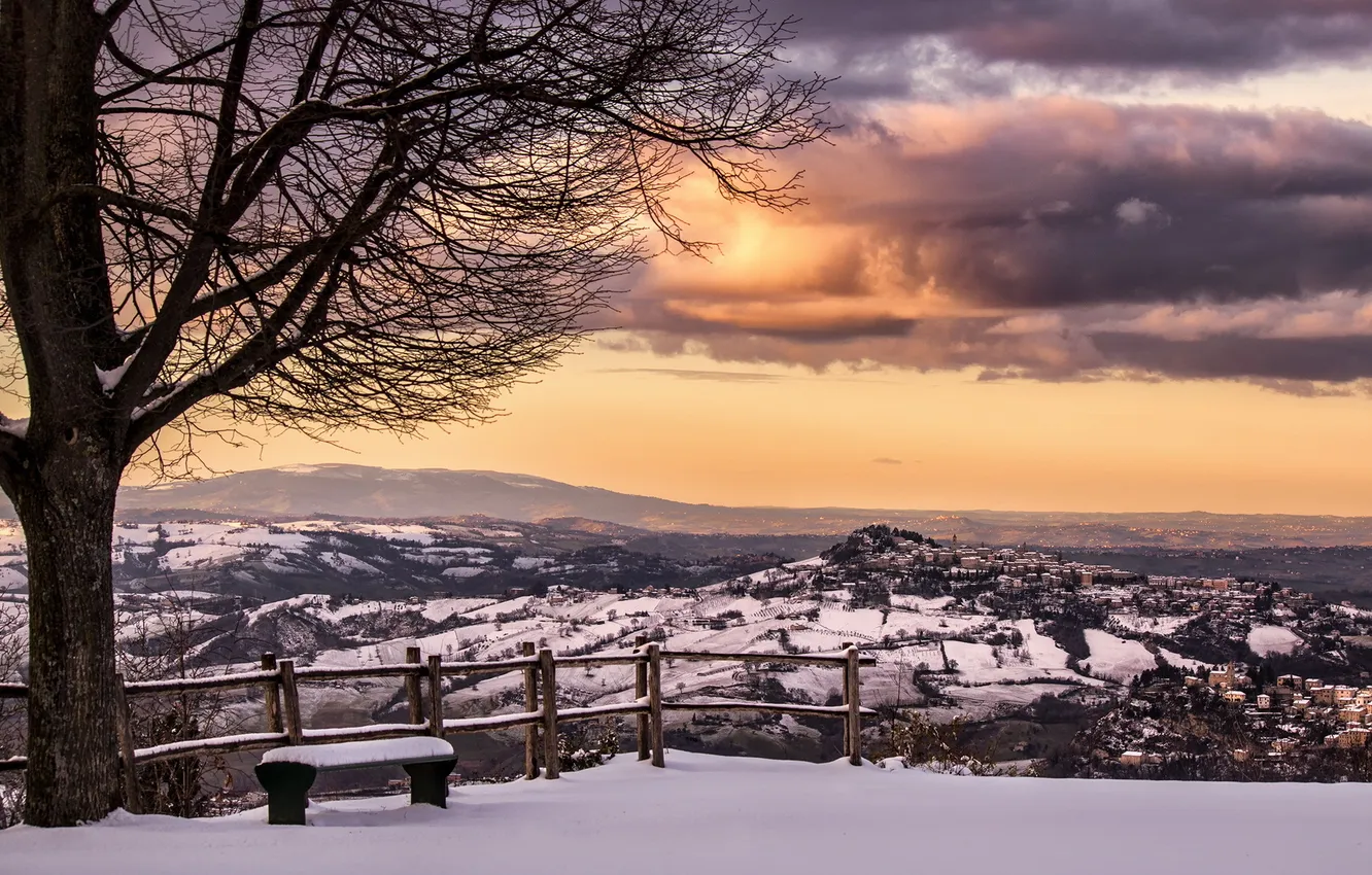 Фото обои зима, пейзаж, закат, Italy, скамья, Marche, Smerillo