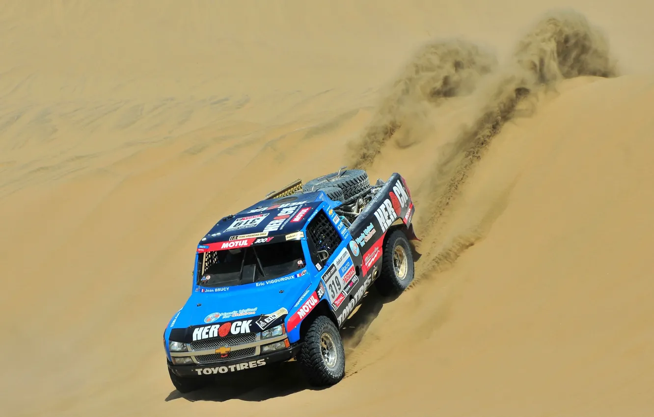 Фото обои Песок, Синий, Chevrolet, Пустыня, Шевроле, Rally, Dakar, Дакар