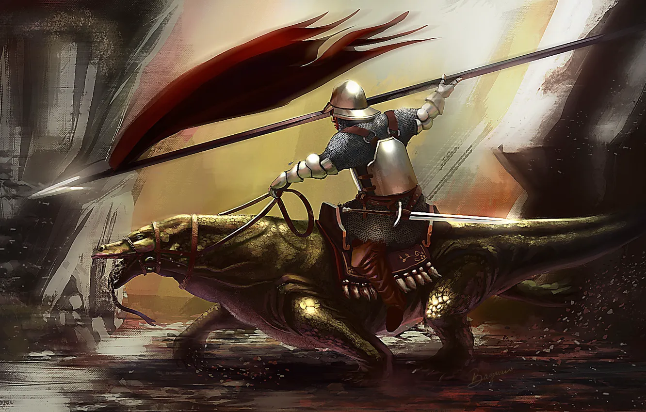 Фото обои дракон, воин, пика, Dragon Rider Knight