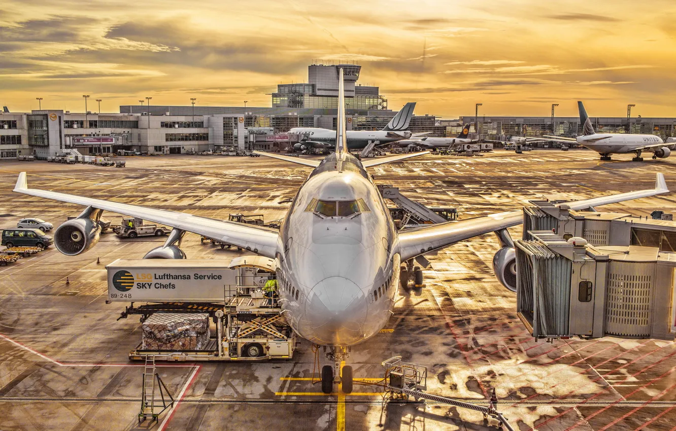 Фото обои HDR, Frankfurt, Germany, Sunset, Lufthansa, Plane