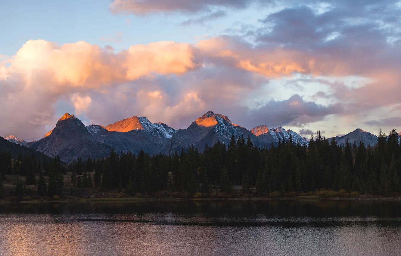 Фото обои лес, облака, горы, берег, ели, водоем