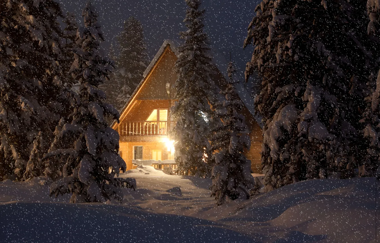 Фото обои Природа, Вечер, Домик, House, Nature, Evening, Снегопад, Зимний Лес