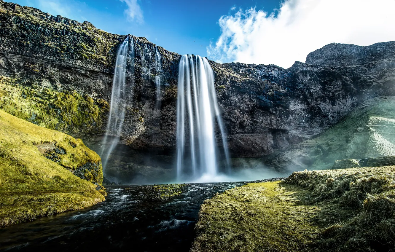 Фото обои rock, landscape, water, waterfall