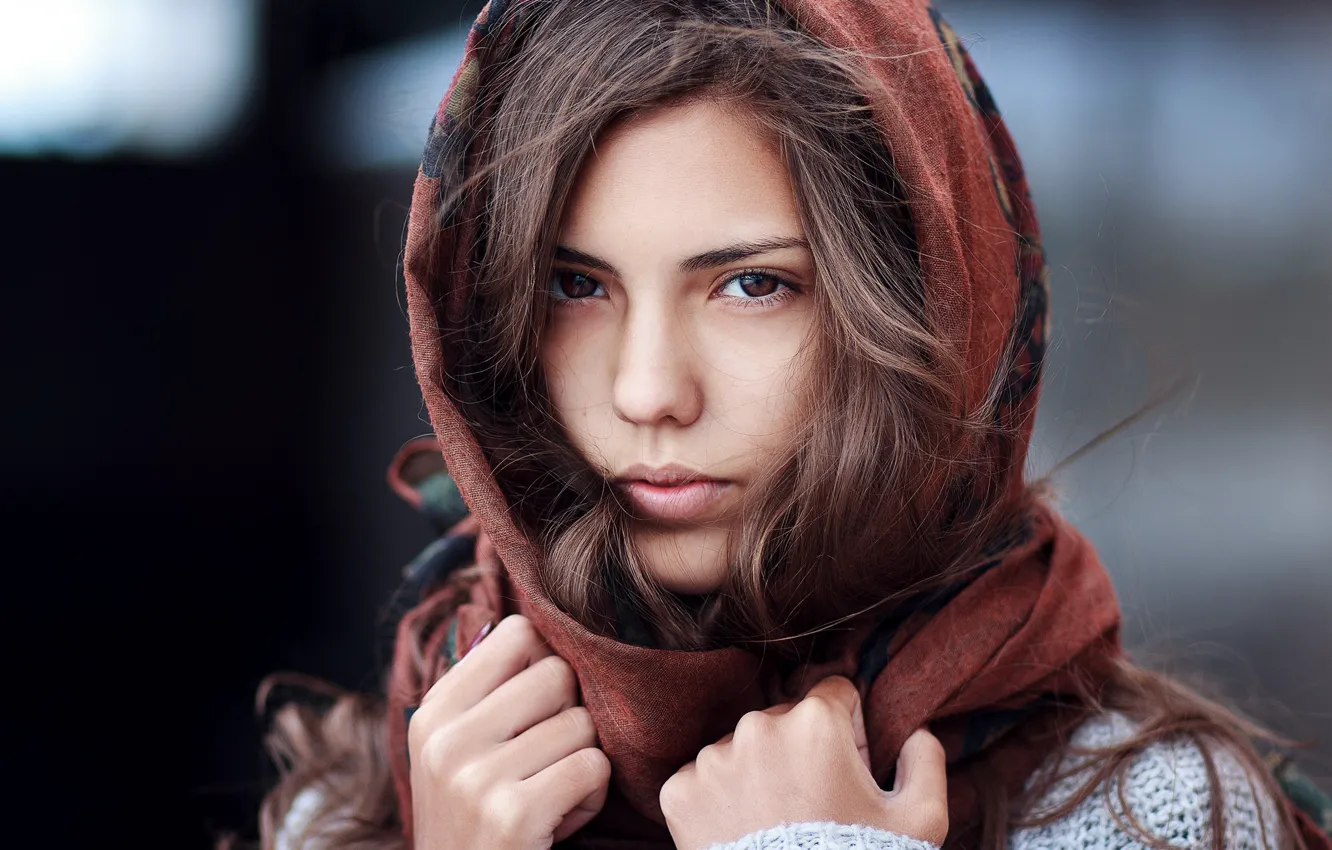 Фото обои глаза, взгляд, девушка, шарф, платок, кареглазая, Janibek Bakyt, Жанибек Бакыт